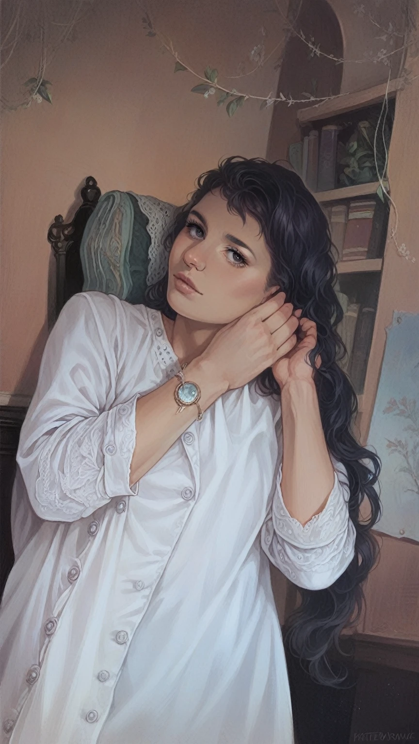 a beautiful girl in a cozy home, portrait, ultra-detailed, 8k, high quality, photorealistic, detailed facial features, beautiful eyes, long eyelashes, button nose, full lips, warm lighting, natural colors, elegant pose, cozy interior, plush furniture, large windows, sunlight streaming in, flowering plants, vases, books, comfortable ambiance
