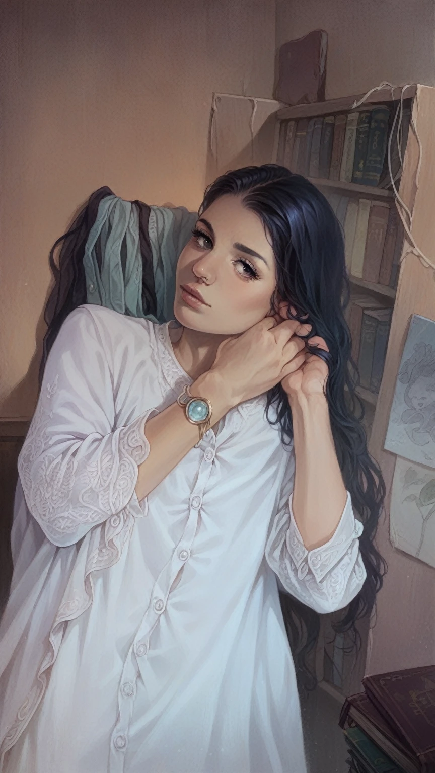 a beautiful girl in a cozy home, portrait, ultra-detailed, 8k, high quality, photorealistic, detailed facial features, beautiful eyes, long eyelashes, button nose, full lips, warm lighting, natural colors, elegant pose, cozy interior, plush furniture, large windows, sunlight streaming in, flowering plants, vases, books, comfortable ambiance