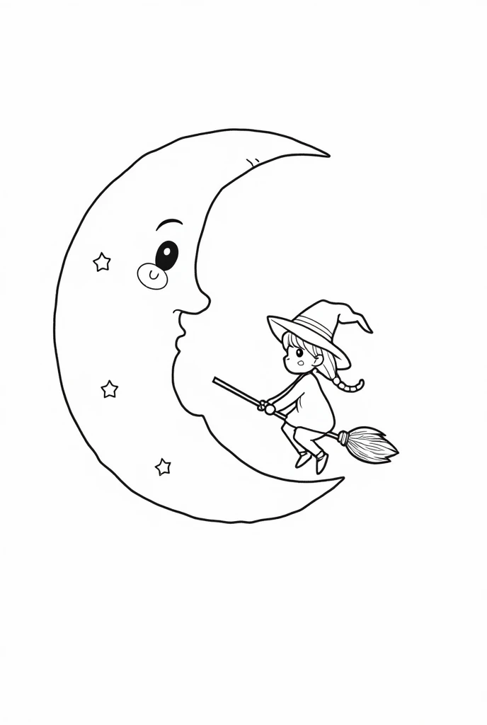 Cute and kawaii halloween moon with a witch silhouette coloring Page, simple for toddlers, bold and easy, black bold lines White background, for a coloring book black and white, líne art, only outlines, but the design is simple and bold, no greyscale