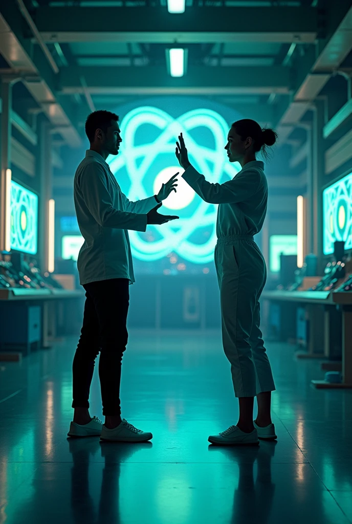 {
"size": "1024x1024",
"prompt": "Neutron, standing beside Proton in the futuristic laboratory, makes a balancing gesture while protons and neutrons are shown moving in harmony within the nucleus on the holographic display. The setting is coherent with the previous panels, and Neutron's calm demeanor emphasizes his role in maintaining the stability of the atom's core."
}