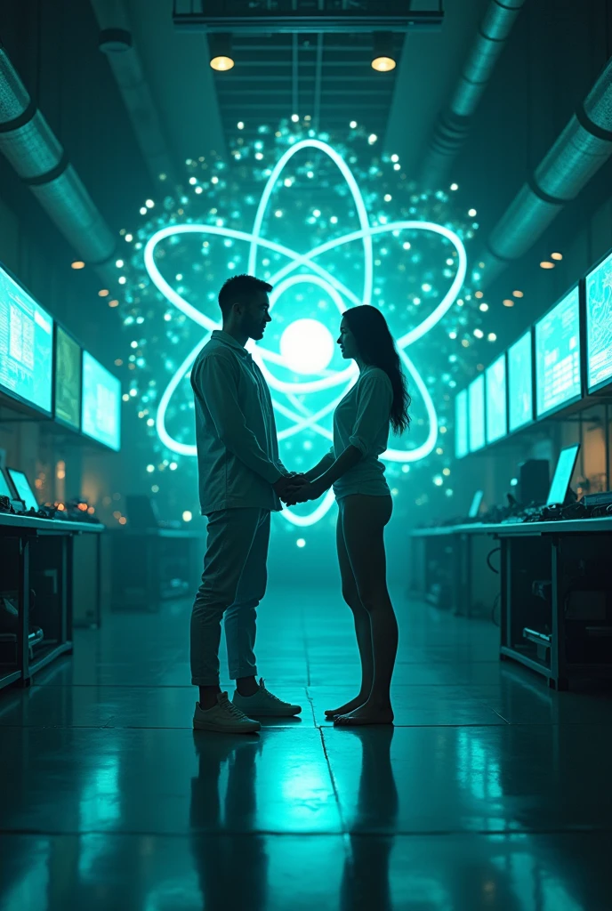 {
"size": "1024x1024",
"prompt": "Neutron, standing beside Proton in the futuristic laboratory, makes a balancing gesture while protons and neutrons are shown moving in harmony within the nucleus on the holographic display. The setting is coherent with the previous panels, and Neutron's calm demeanor emphasizes his role in maintaining the stability of the atom's core."
}
