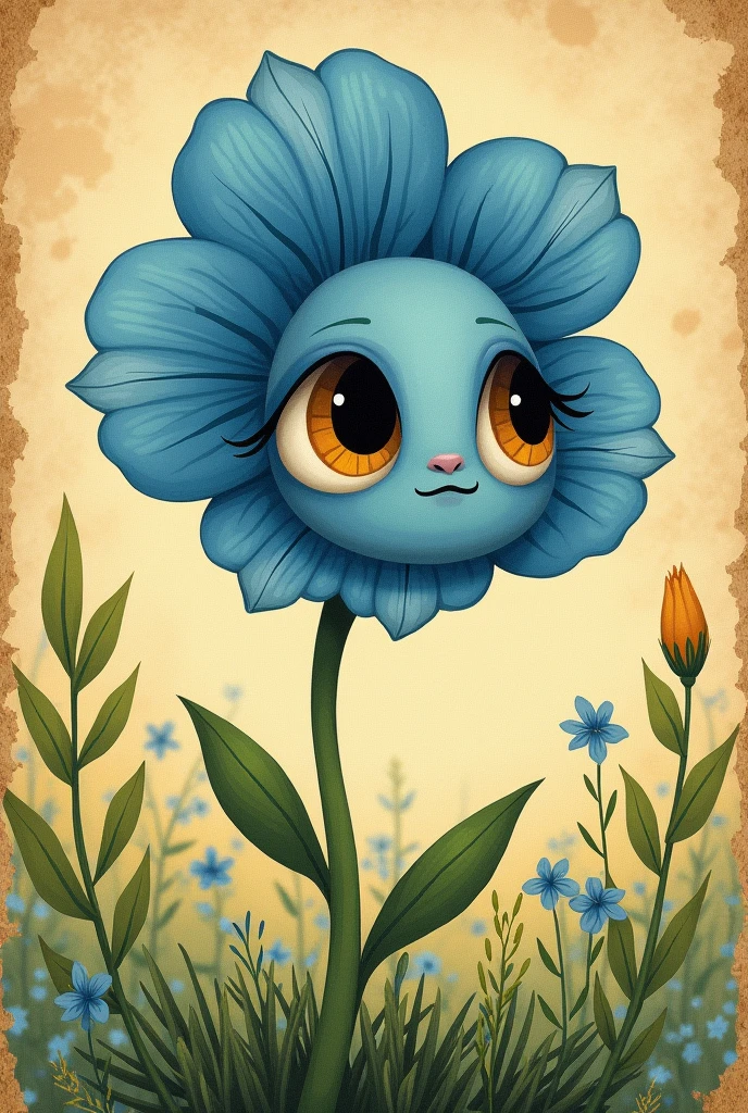 An illustration of a flower with blue petals and with (sad face),a vintage book style illustration