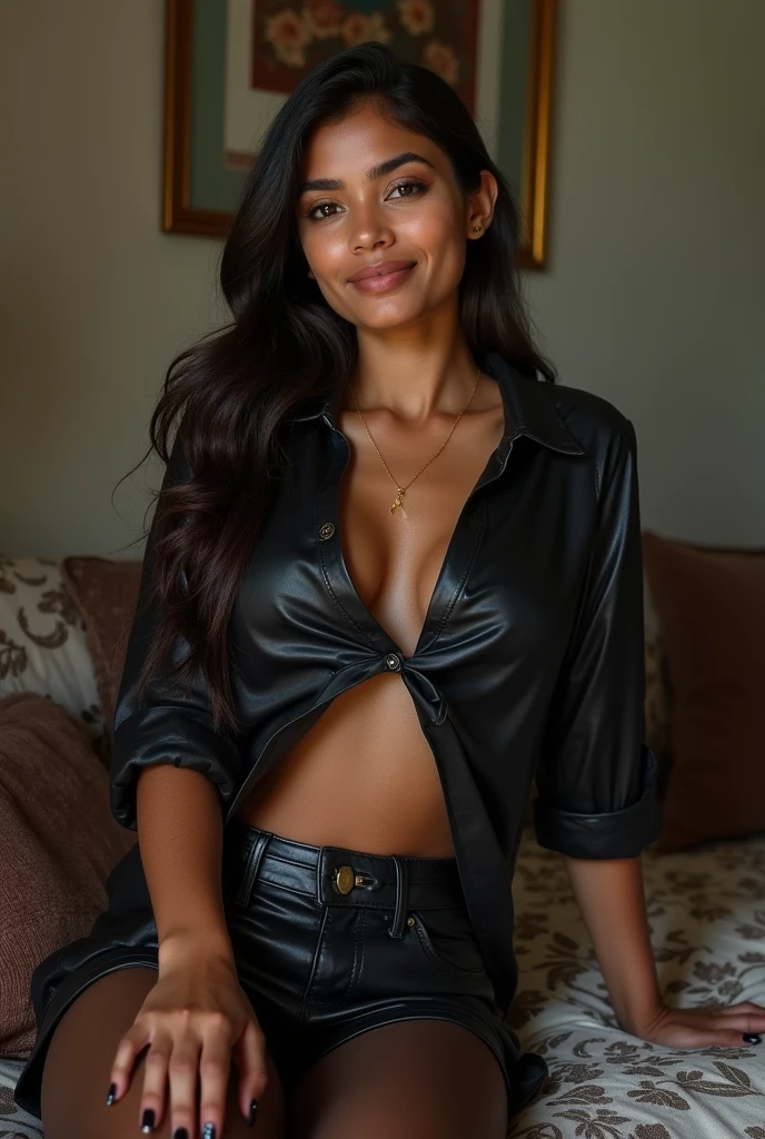 A 16 year old sexy bold and cute Indian girl is wear black leather shiny short shirt, short pant and leather stocking open breast, sitting on her boss lap , slim figure, smiling face,full body