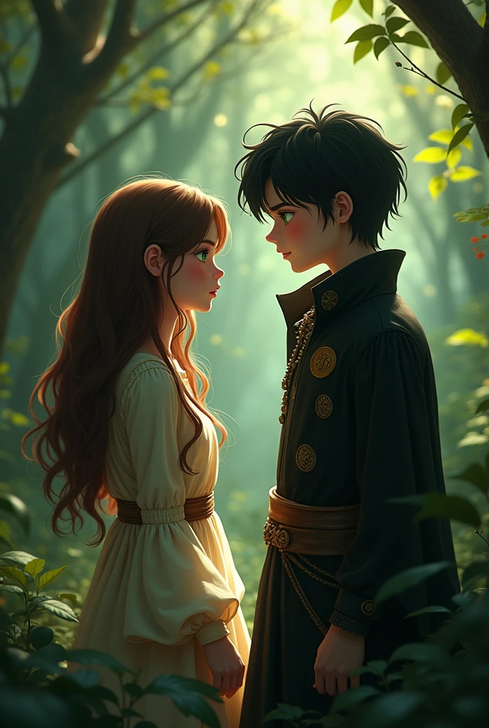 Girl, Brown hair, long, hazel eyes, looking weakly at a green-eyed boy, taller than her,  black hair, The girl is wearing a mage's dress, and the boy is dressed as a magician 