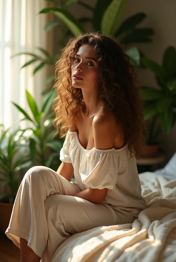 (photorealism:1.2), beautiful woman, sitting on bed, wearing loose off-shoulder top, pajama pants, long curly hair, indoors, soft lighting, plants in background, window with sunlight, cozy room, relaxed pose, realistic, intricate details, warm colors, by Greg Rutkowski, by Alphonse Mucha