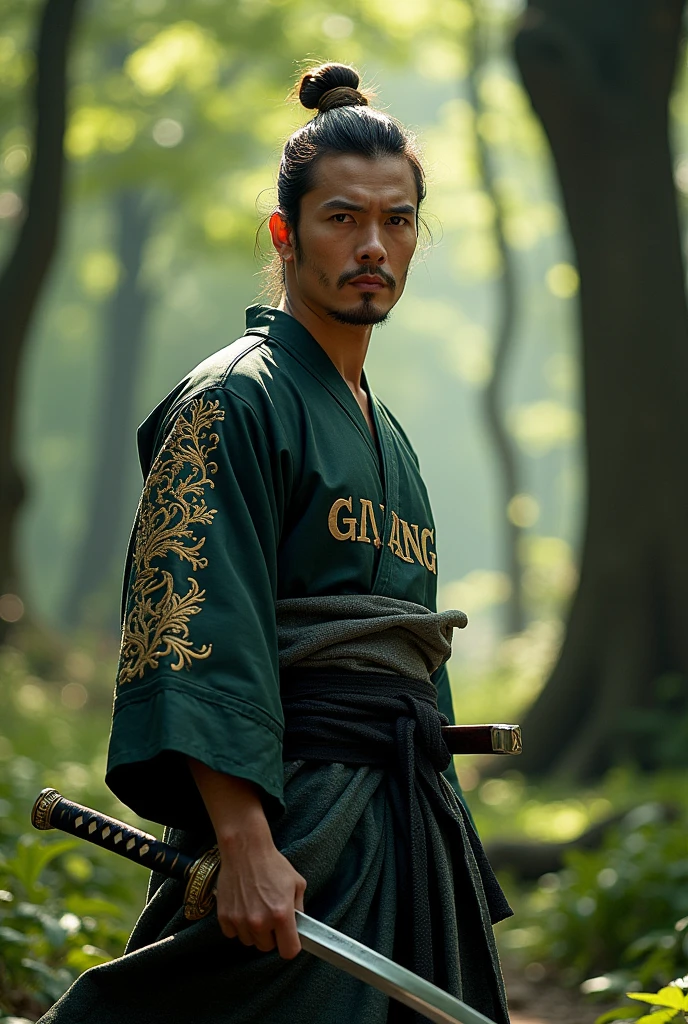 A handsome man wearing a samurai sword with the name GALANG written on his clothes. 