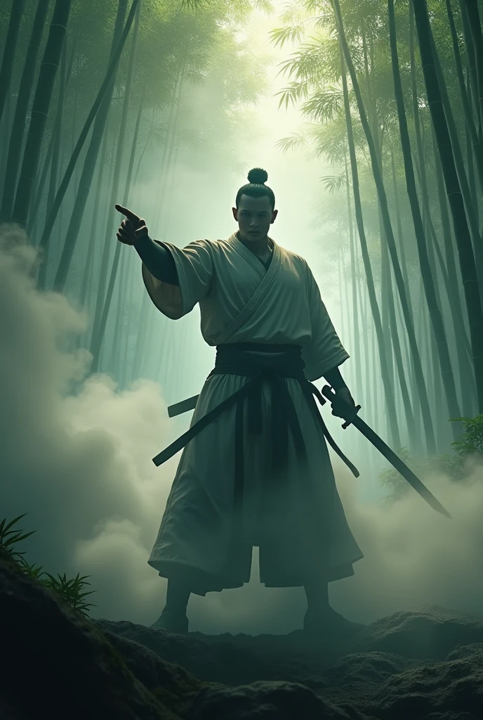 photorealistic of a{warrior's silhouette in the midst of bamboo forest with massive smoke surrounded}in a stunning fighting pose, draw a sword and pointing forward, intricate detailed, best quality as you can accomplish, skin pores, hyperrealistic, view from above, sky angle shot
