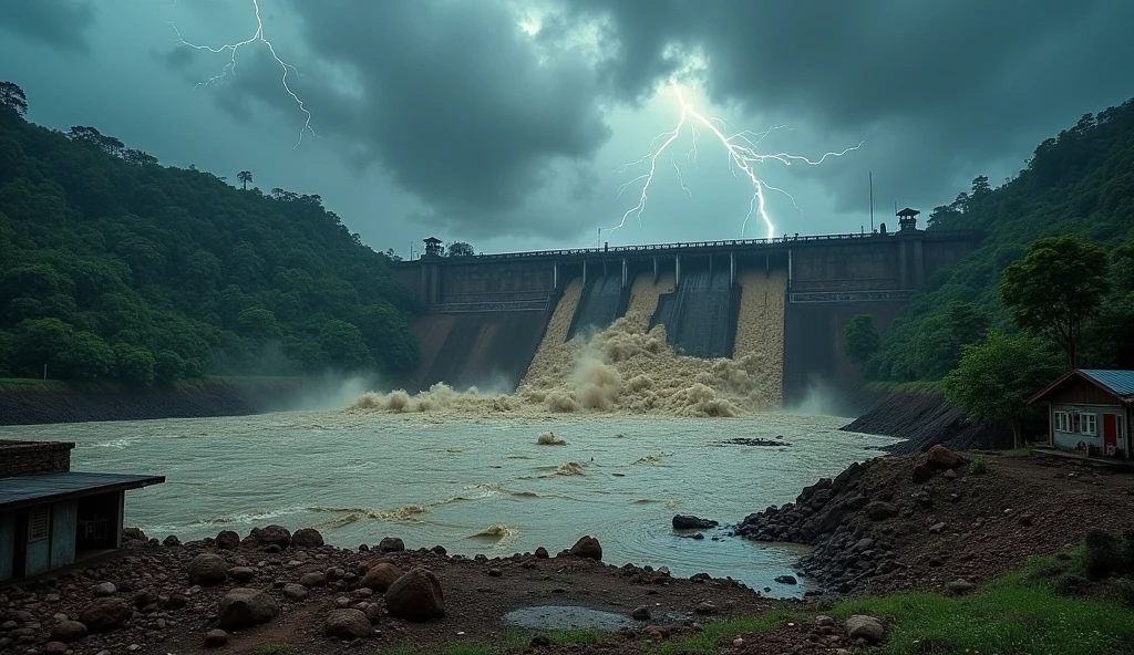 A huge Indian dam destroy in middle and lot more dirty water outflow and lot of houses destroyed under the dam and sky is thunder and also include a tittle name in sky the name is mullaperiyar dam