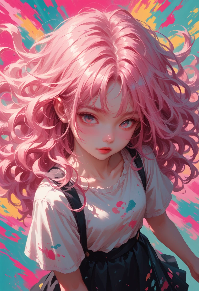 ((masterpiece:1.2, best quality)), ultra detailed, Ultra-precise depiction, Ultra-detailed depiction, (zentangle:1.2), (dynamic pose), (abstract background:1.5), wavy long hair, pink hair, 1girl, colorful, portrait, (from above:1.2)
