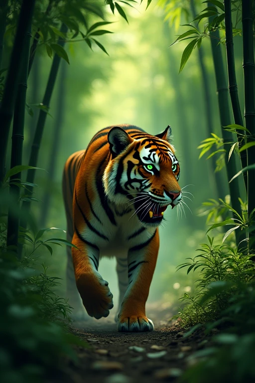 A dense bamboo forest, a tiger lurks in the middle of it, eyes glowing, fangs sharp,