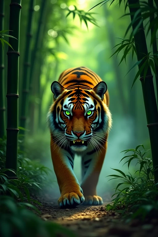 A dense bamboo forest, a tiger lurks in the middle of it, eyes glowing, fangs sharp,