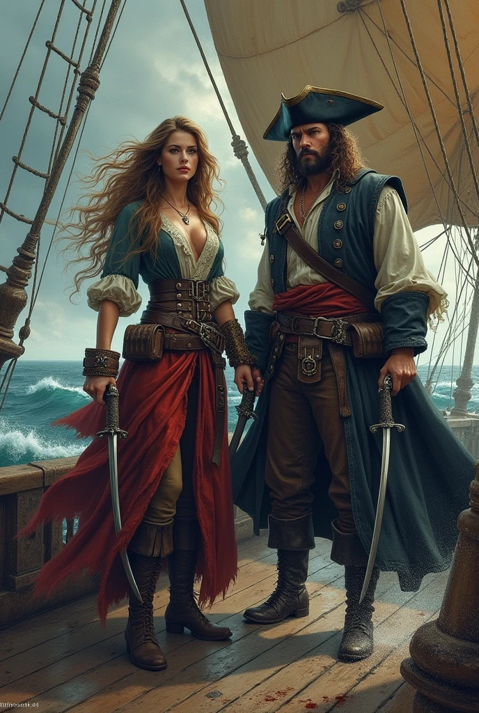 A female pirate with a male pirate on a combative ship with pistols and a saber
And a big text written
L'APHRODISIAQUE CE N'EST PAS POUR LES ANGES !