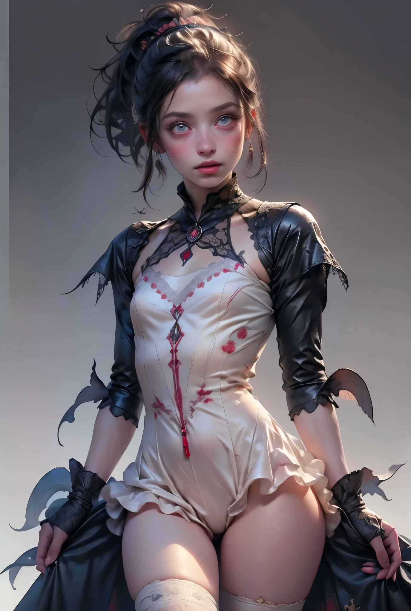 ((best quality)), ((masterpiece)), (detailed), perfect face (((masutepiece, of the highest quality, super detailed))), hand drawn style, hand painted style, watercolour, sketch, a knight, white background, plain background, Bloodborne inspired, tatty Bloodborne attire, occult aesthetic, occult, tatty red and white clothing detailed and intricate steampunk and detailed gothic lolita (with a hood), long coat, Complex laced boots, Fluttering lace flared long knee length dress with frilly petticoats, long dress, knee length dress, pleated petticoats, petticoats gothic lolita aesthetic, beautiful small breasts, (((flat chest:1.1))), (((( Highly detailed face))), small thin nose, Small thin lips mouth, (((Very sharp focused eyes))), Very large slit precision pale grey eyes that shine like jewels. (resolved expression), (resolute expression), ((dark hair)), ((long ponytail, thick ponytail, heavy ponytail)), very long eyelashes, white background, Very dramatic and cinematic lighting, tatty damaged old red and white clothing, full body, whole body, body, cosmic horror, grim dark