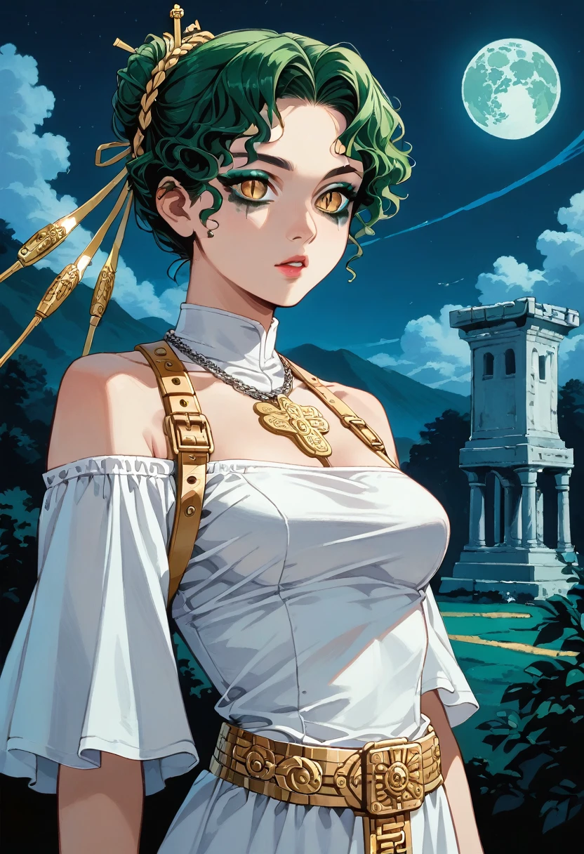 Anime, High-resolution illustrations, unrivaled masterpiece, ultra-realistic 8k CG, perfect artwork, (fidelity: 1.5), ((night)), cloudy, Very beautiful girl, (((solo))), (single traditional bun), silky green hair, sparkling emerald eyes, (slit pupils:1.3), huge, (well proportioned curves), natural makeup, Medium breasts:1.2, (Compressed chest:1.3), (( flowing, white dress that is loosely draped over her body. The dress is secured with golden accessories, including a decorative belt or chain around her waist and a strap across her shoulder)), necklace, character in the middle, standing, ancient place with greenary, prideful
