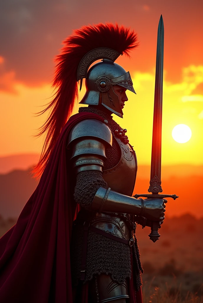 In the dying light of the sunset, a formidable knight stands poised for battle. Clad in gleaming, intricately detailed armor that reflects the fiery hues of the setting sun, his broad shoulders are squared with determination. His helm, adorned with a plume of crimson feathers, casts a stark shadow over his stern, focused gaze. The knight’s sword, a masterpiece of craftsmanship, is drawn and ready, its edge catching the last glimmers of daylight. The horizon burns with shades of orange and purple, providing a dramatic backdrop as he prepares for the impending clash, his every muscle taut with readiness and resolve.