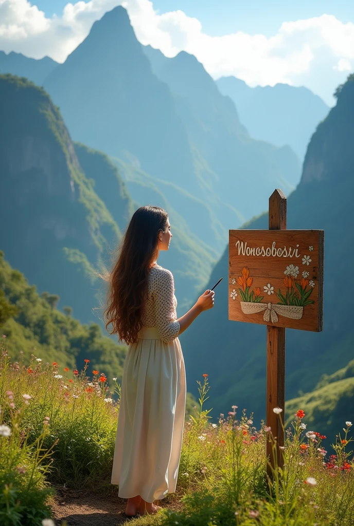 A beautiful woman is painting in a beautiful mountain range, and there is a sign that says 'Wonosoboasri'