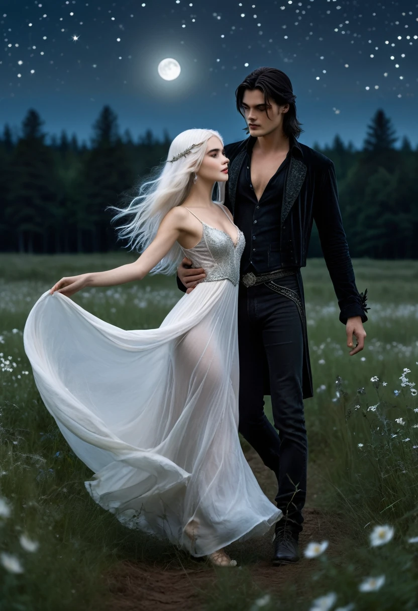 Beautiful white fairy lady with long straight white hair dancing with Diaval portrayed by Sam Riley, a slender, mystical character with tousled dark black middle hair and sharp features. He wears dark, casual clothing that highlights his charming yet mysterious demeanor. His piercing dark eyes convey loyalty and depth. in the meadow field with moonlight and stars, in background magical forest, 8k high quality,