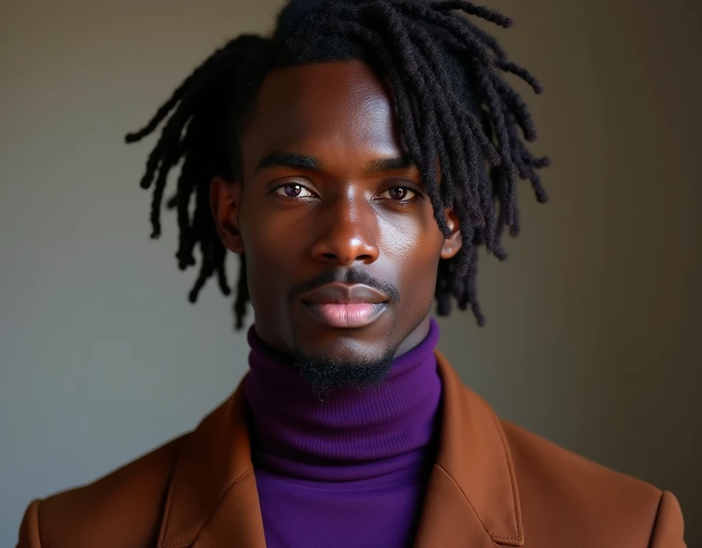 headshot of a very tall French-Nubian featured male model, relaxed curls parted to the side hair, toned body, ebony skin, vibrant purple eyes, tall thin toned body. Kind expression. Wearing brown and purple clothes.