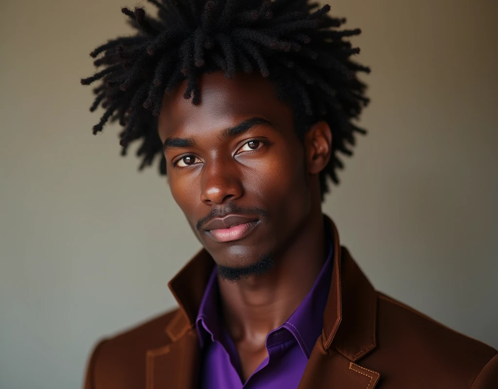 headshot of a very tall French-Nubian featured male model, relaxed curls parted to the side hair, toned body, ebony skin, vibrant purple eyes, tall thin toned body. Kind expression. Wearing brown and purple clothes.