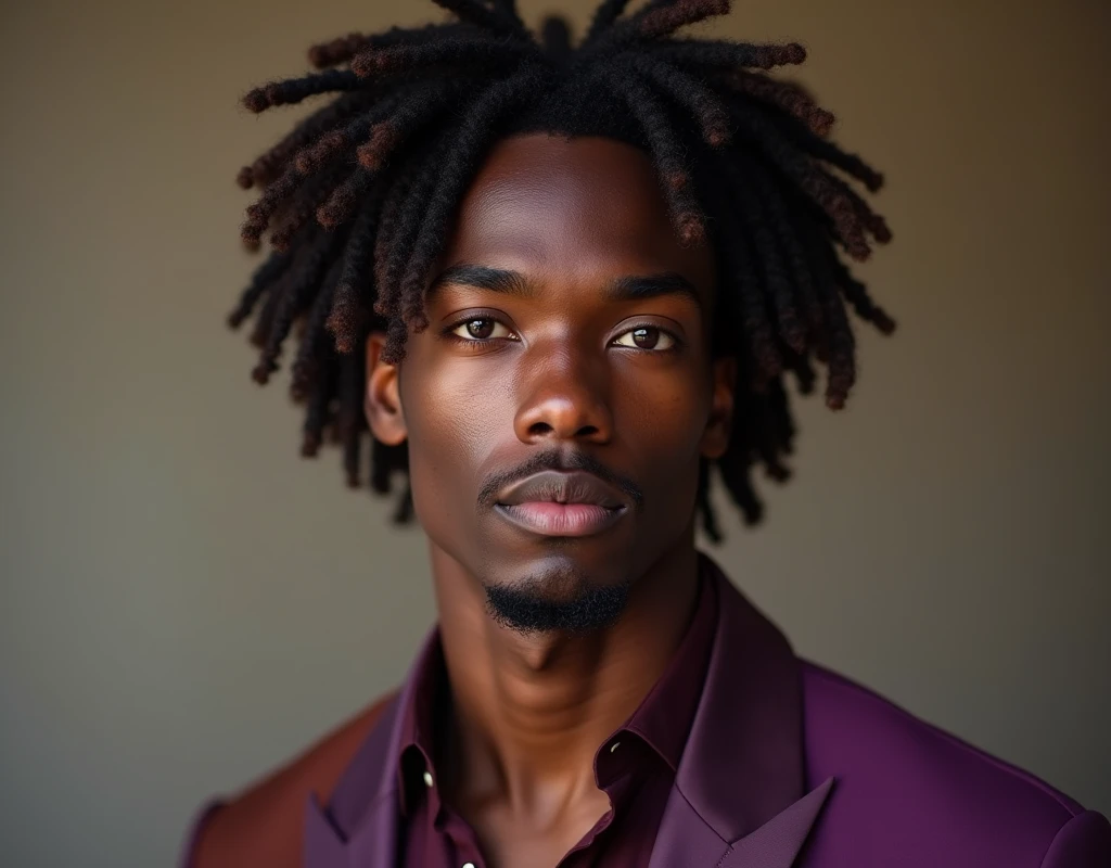 headshot of a very tall French-Nubian featured male model, relaxed curls parted to the side hair, toned body, ebony skin, vibrant purple eyes, tall thin toned body. Kind expression. Wearing brown and purple clothes.