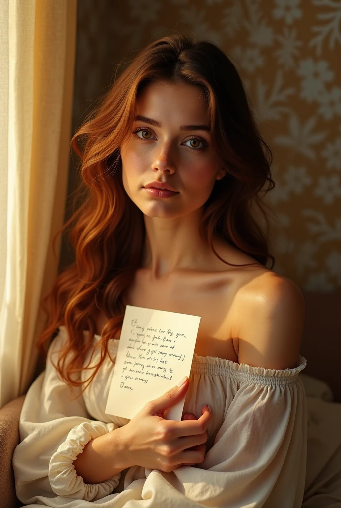 Beautiful woman with paper on chest written a lesbian letter