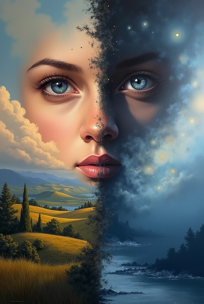 Ultra-realistic, Lifelike portraits),(Prompt B:Beautiful dreamy landscape painting),(Tip C:Dark and moody abstract painting)
