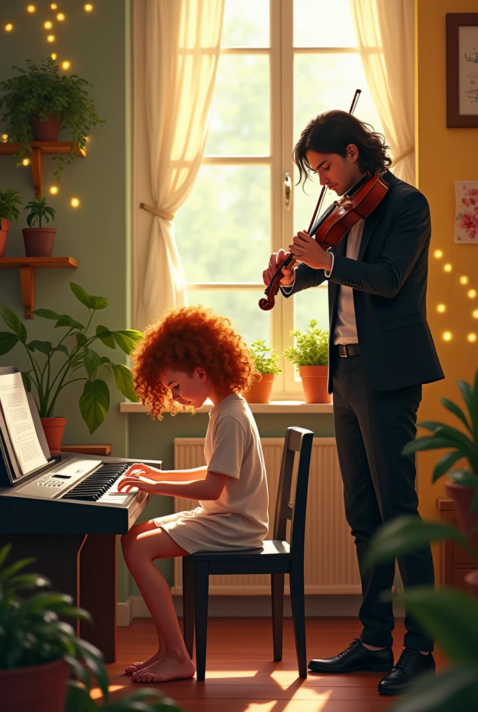 A girl playing an electronic organ and a man playing the violin next to her