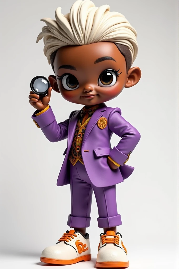 A character with a truth monocle on their right hand, a brown face, black and white eyes, a purple suit with the symbol of truth which is orange with black color pattern, light purple pants with flame symbols on their pants, white shoes with light orange, hair dyed with white and dark beige.