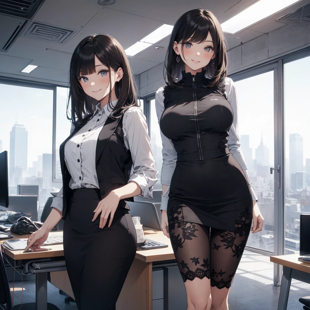 Deformed appearance, 1girl, amazing, girl, 30 years old, house wiife, warm smile, hourglass figure, straight black hair and bangs. She’s riding in the shopping cart. She is wearing a flowing office worker (stylish outfit), (gray vest) (pencil skirt), mature female, /(dark brown hair/) bangs, blush kind smile, (masterpiece best quality:1.2) delicate illustration ultra-detailed, large breasts, pantyhose BREAK (modern office indoors), window cityscape, detailed background, with lace details. Her eyes are large and bright blue. The background is a field of Old Shanghai, under a clear blue sky, and she is smiling softly.