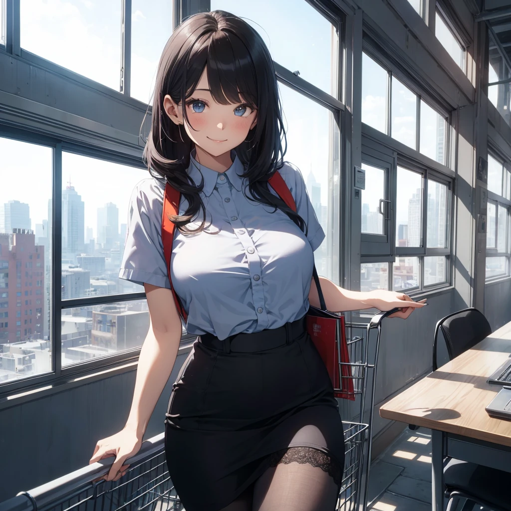Deformed appearance, 1girl, amazing, girl, 30 years old, house wiife, warm smile, hourglass figure, straight black hair and bangs. She’s riding in the shopping cart. She is wearing a flowing office worker (stylish outfit), (gray vest) (pencil skirt), mature female, /(dark brown hair/) bangs, blush kind smile, (masterpiece best quality:1.2) delicate illustration ultra-detailed, large breasts, pantyhose BREAK (modern office indoors), window cityscape, detailed background, with lace details. Her eyes are large and bright blue. The background is a field of Old Shanghai, under a clear blue sky, and she is smiling softly.
