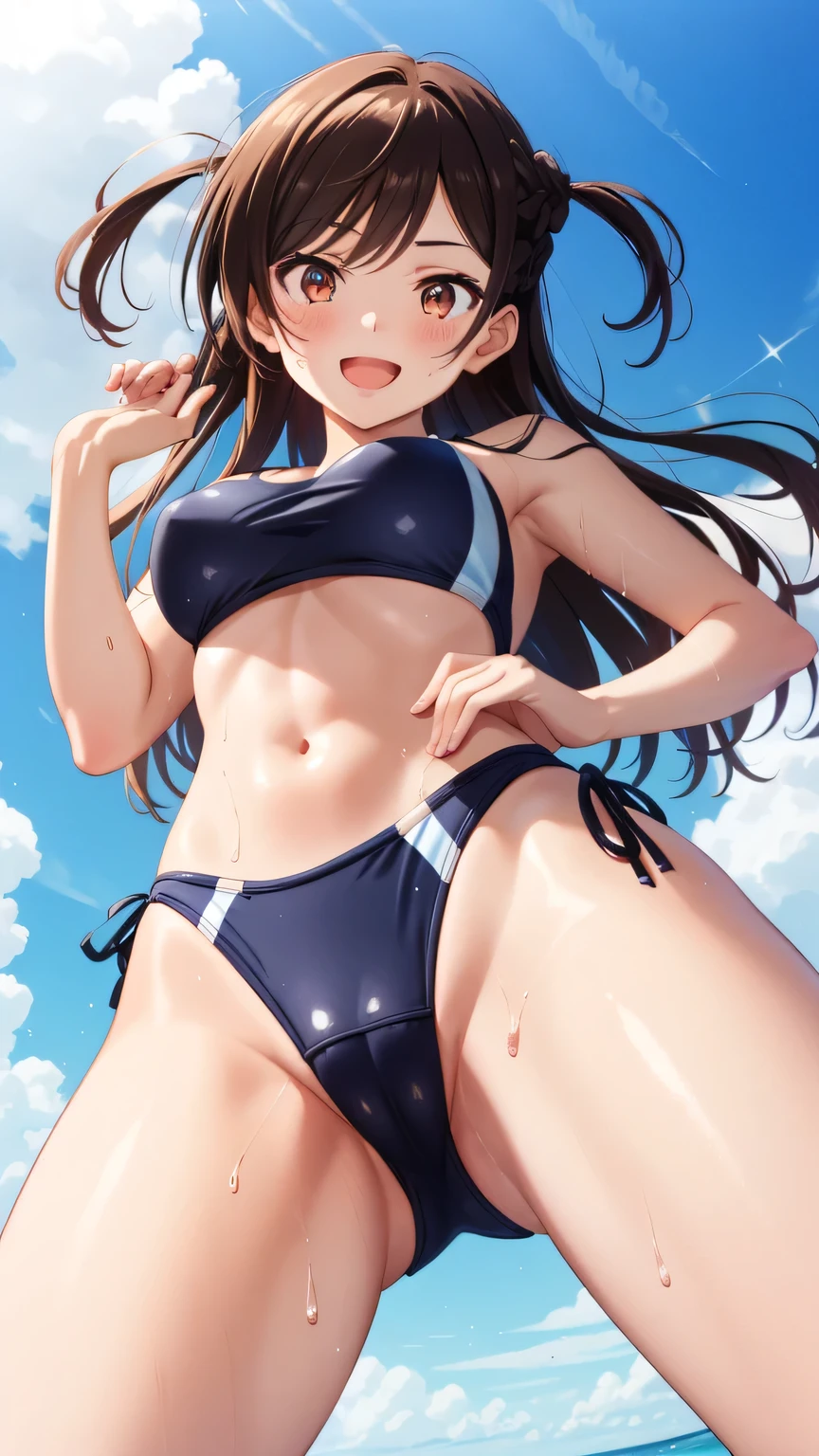 {{{masterpiece}}}, {{{best quality}}}, {{ultra-detailed}}, {illustration}, {{an extremely delicate and beautiful}}, (beautiful detailed eyes:1.6), extremely detailed face, 16k, anime face, Mizuhara Chizuru(Rent-A-Girlfriend), chizuru ichinose, aachizuru, cute face, long hair, bangs, brown hair, (brown eyes:1.5), (one side up:1.5), braid, hair braid, medium breasts, thin waist, big hips, curvaceous, BREAK,(gris swimsuit:1.2), Midriff, Navel, thighs thighs thighs thighs, Super shiny hair and skin, (Sweaty body, Dynamism), A lively smile, Open mouth, Perfect eyes, Perfect hands, Perfect nose, arena, Dutch angle, erect nipples, cameltoe, spread legs, peer in from below, jump, jumping, visual anime de uma jovem mulher, extremamente bonito rosto de anime, anime melhor garota