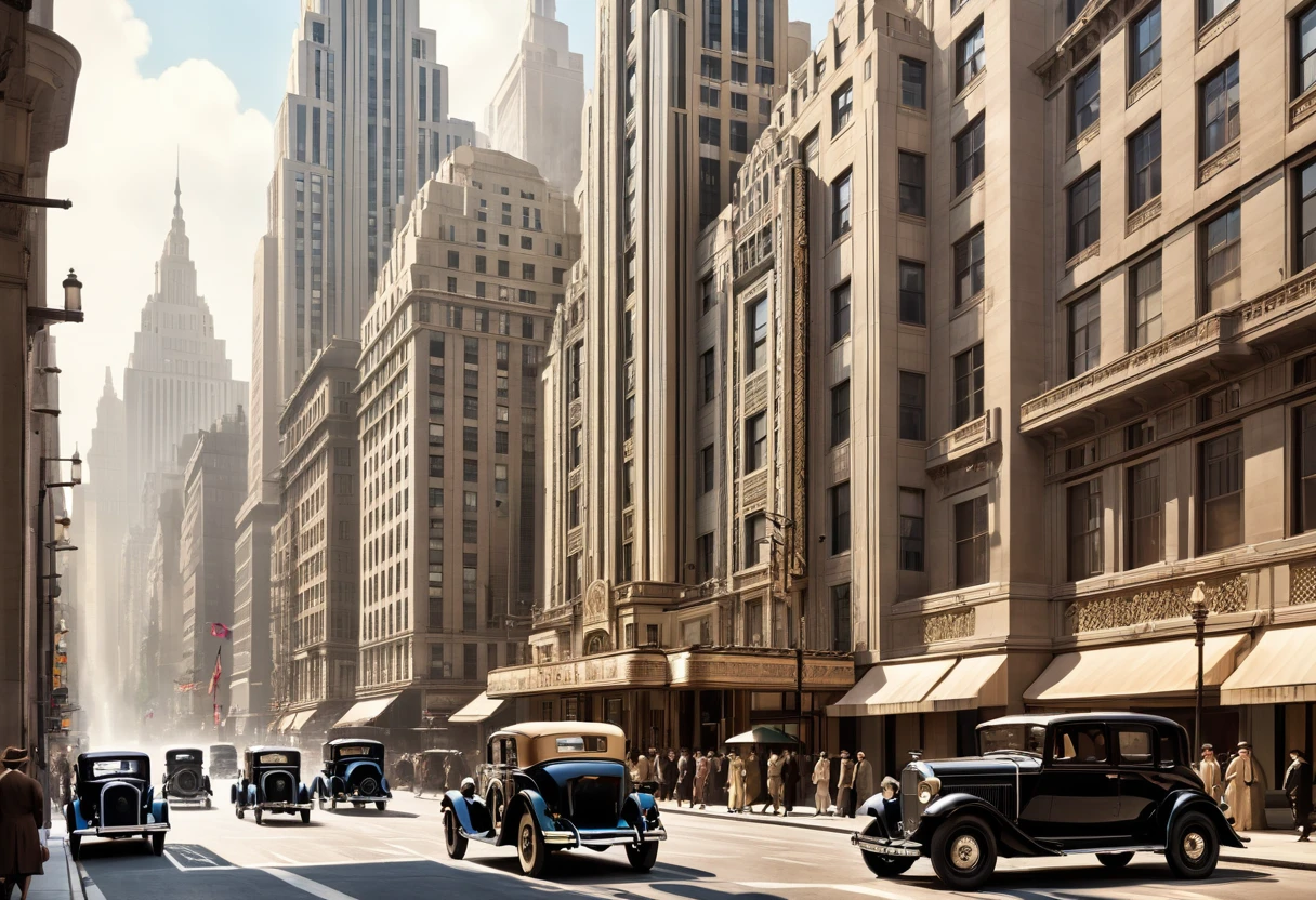 A bustling metropolis in the 1920s Art Deco style. Tall buildings with geometric shapes and ornate facades line the streets. Vintage cars and elegantly dressed pedestrians add to the atmosphere of sophistication and glamour