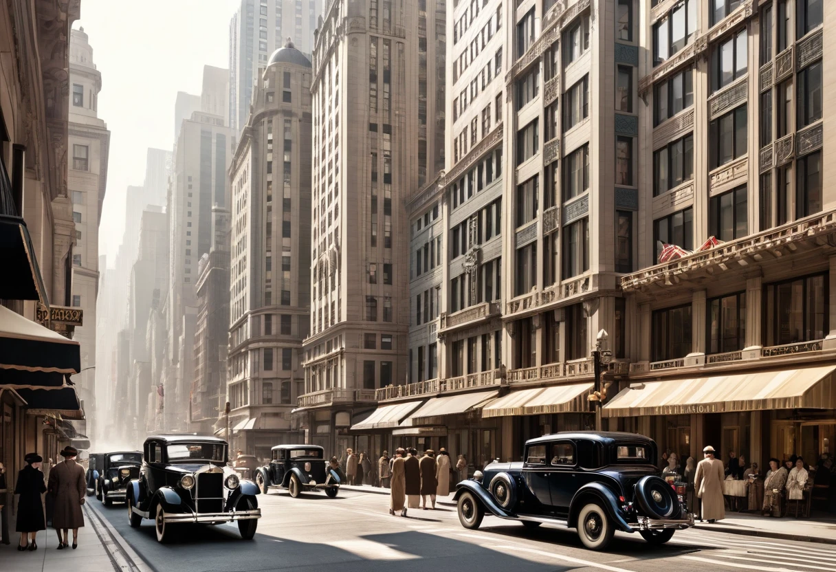 A bustling metropolis in the 1920s Art Deco style. Tall buildings with geometric shapes and ornate facades line the streets. Vintage cars and elegantly dressed pedestrians add to the atmosphere of sophistication and glamour