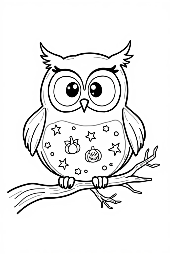 Cute and kawaii halloween owl on a branch coloring Page, simple for toddlers, bold and easy, black bold lines White background, for a coloring book black and white, líne art, only outlines, but the design is simple and bold, no greyscale