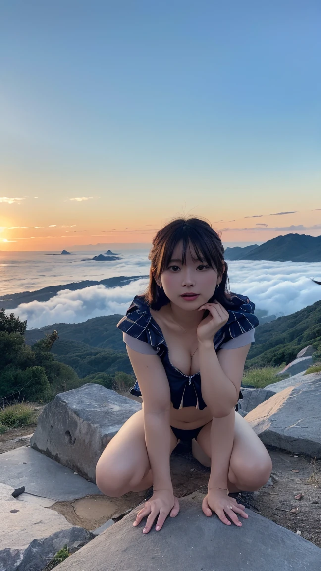 Highest quality, masterpiece, Ultra-high resolution, (Realistic:1.3), RAW Photos, (Nature landscape photography), (Majestic Mountain々The summit of the, sea of clouds), (とても大きな山The summit of the), (sunset), (one person's), (Upper Body), (20-year-old), (smile:0.9), (Glowing Skin), (short hair, Dark brown hair), (A loose white see-through T-shirt), (Tight Casual Super Shorts),(Off the shoulder)、 (Ultra detailed face), (Nipple erection:1.2), (Highly detailed eyes), (Highly detailed nose), (Highly detailed mouth), (Very skilled hands), (Super-detailed body), Sony a7, 85mm lens, f9.0, Pan Focus
、We provide high quality lace panties、(Turn your body forward、To the camera、Face to face:1.3)、(Please put your hands on the ground、Hunchback、Dorsal position:1.3)、Shooting from below、