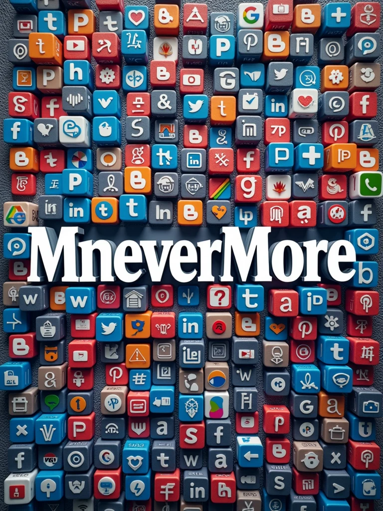 a logo with eternity font text MneverMore,,bacground are small graphics of many apps logo