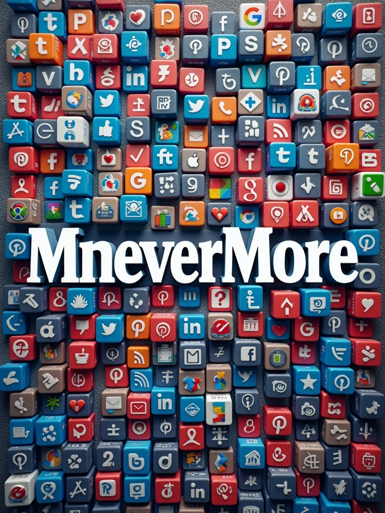 a logo with eternity font text MneverMore,,bacground are small graphics of many apps logo