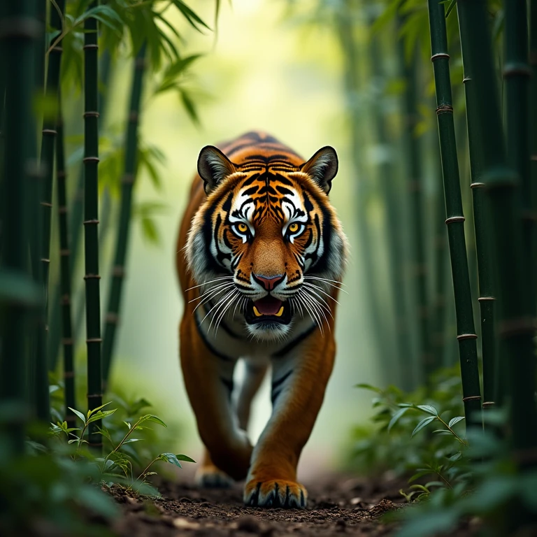 A dense bamboo forest, a tiger lurks in the middle of it, eyes glowing, fangs sharp,