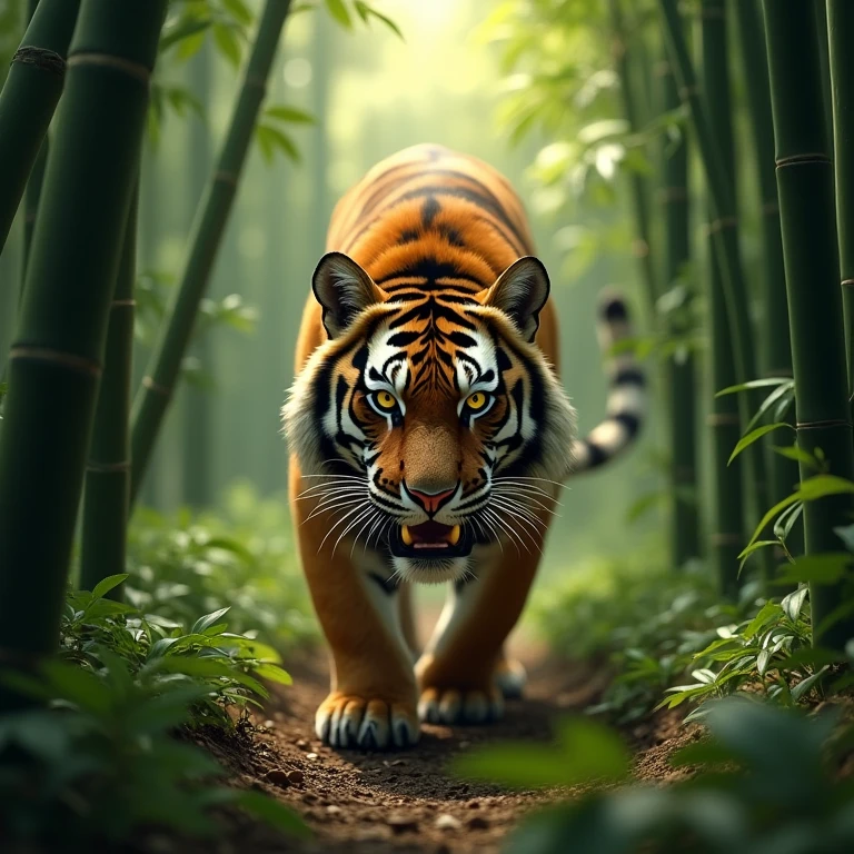 A dense bamboo forest, a tiger lurks in the middle of it, eyes glowing, fangs sharp,