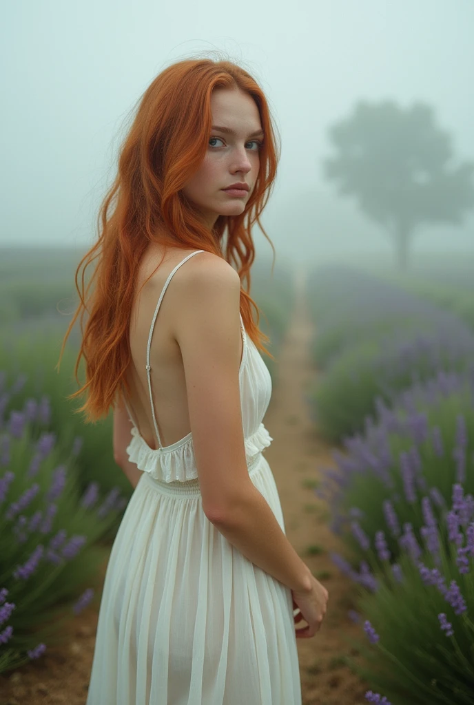 girl, age 25, Light red hair, nakeness, close, Falling dress strap. waist framing. She looks at a point beyond the viewer. Provence. haze. 超detailded. Provence. Foggy . High grain film. retro photography, David Hamilton Style. Analog photography. grainy. nymph.