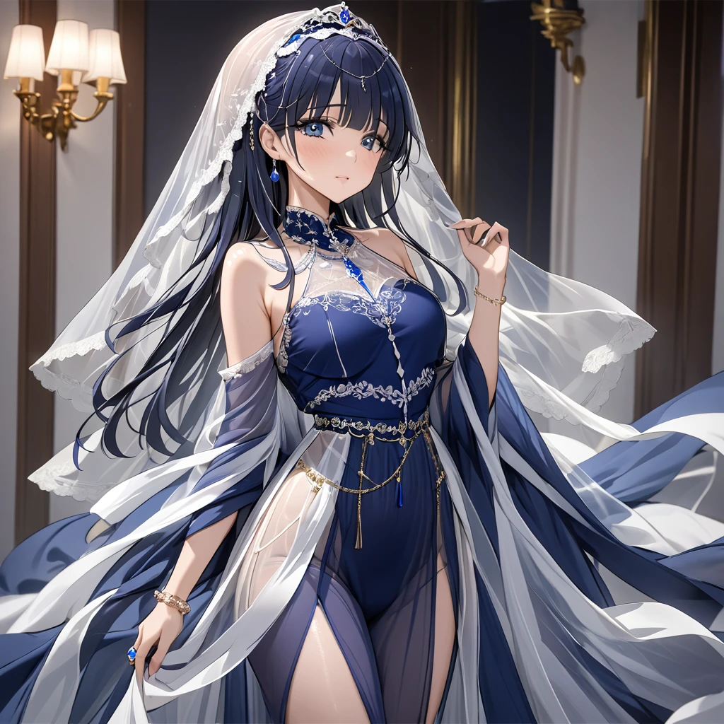 ((Highest quality)), ((masterpiece)), (detailed), (Perfect Face)、The woman is Aoki Reika, with midnight blue semi-long hair, wearing a sheer, see-through outfit that reveals her skin, along with a veil and adorned with luxurious accessories. She is also wearing an engagement ring.