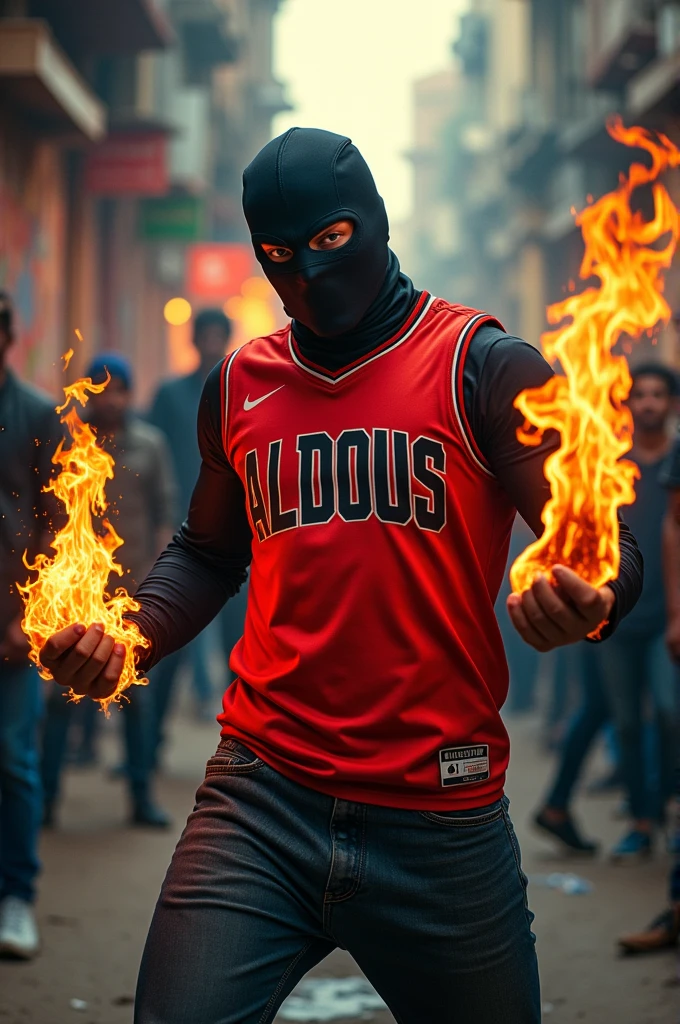 a masked man with fire on his hands, he is wearing a jersey that says "ALDOUS", and he is hitting people in the face