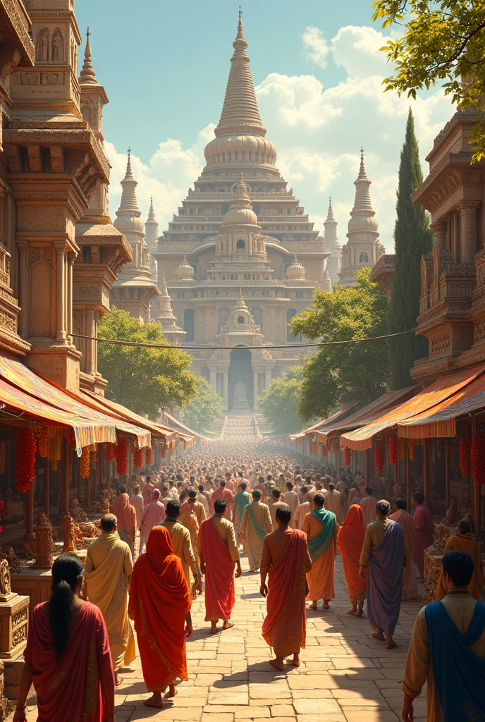 A golden-era cityscape of Pataliputra, the capital of the Gupta Empire, bustling with activity, symbolizing prosperity."