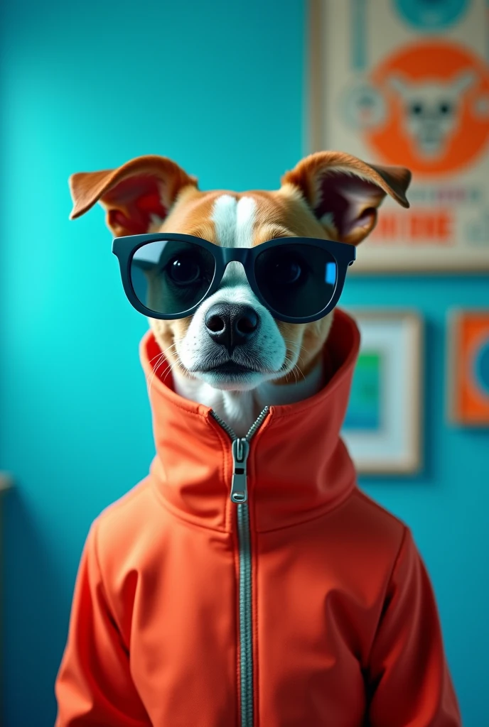 The best cell phone wallpaper, Award-Winning Wallpaper, portrait photography, In the front view is a portrait of a cute dog wearing mid-1960s space age fashion, Side view photo, Shot with Canon EOS R5, Set a strong contrast that accentuates the subject, Fluorescent blue tone, Wearing a very modern coat and sunglasses is a modern 1960s style, Clothes all in one color, beautiful background