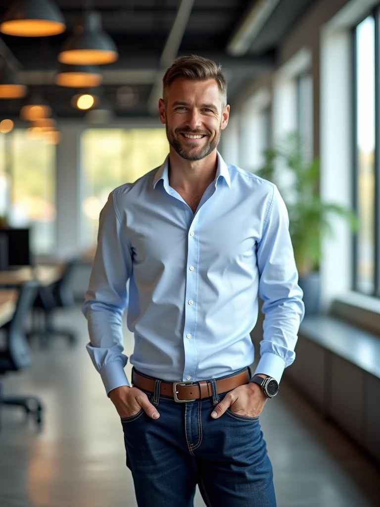 European Man, 35 years, clean-shaven office worker, handsome and elegant, Wearing a uniform, with fair skin, Full length photo, mature man, charming and outstanding, in a custom shirt, perfectly tailored dark blue jeans, in the office in the background (background is clearly visible). I'm looking at the viewer.