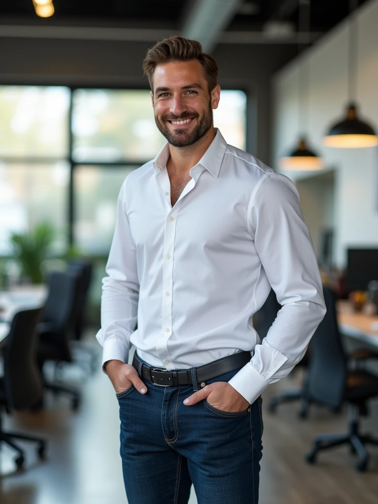 European Man, 35 years, clean-shaven office worker, handsome and elegant, Wearing a uniform, with fair skin, Full length photo, mature man, charming and outstanding, in a custom shirt, perfectly tailored dark blue jeans,  in the office in the background (background is clearly visible). I&#39;m looking at the viewer.