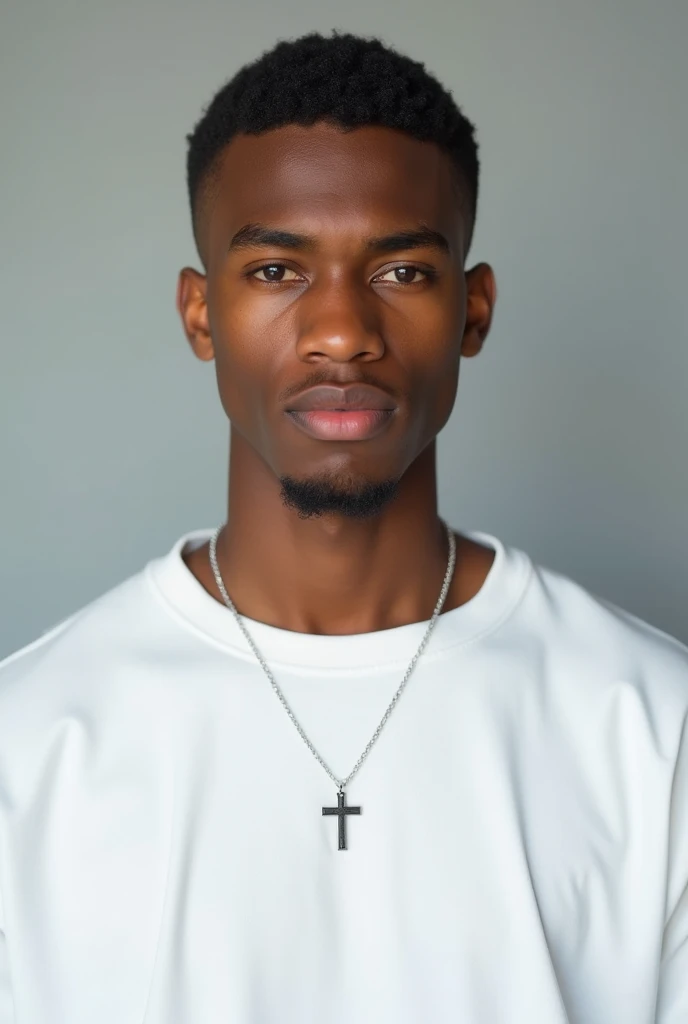 best qualityer:1.4), (ultra high resolution:1.2), (photorrealistic:1.4), (8k, CRU photo:1.2), a thin young man of 20 years old, brown skin, with a smooth, beardless face, short American haircut on the sides and top, He's wearing a white sweatshirt, with a thin silver chain with a cross symbol, he's standing leaning against a gray background