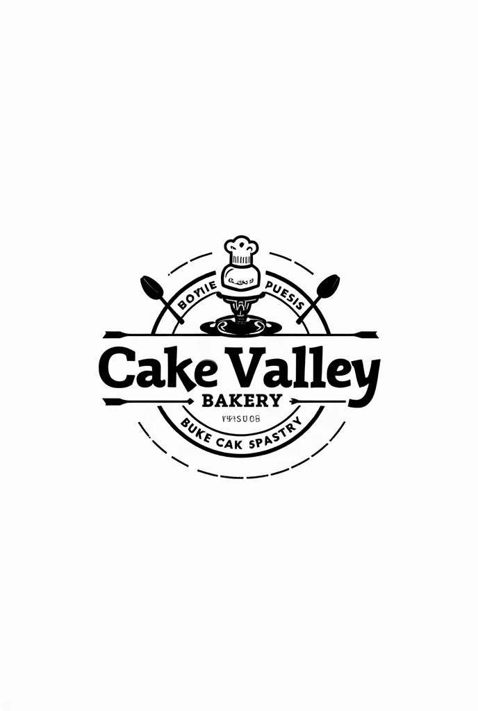 Cake Valley middle name can be text cake valley down the cake valley text write Bakery in small text size and circle In black and white border whole cake valley and Bakery name in inner the circle above cake valley name one black border draw a one chef hat side of Bakery text 2 different type spon and down side and outside the circle gave one more text with clear text and English language  outer of  circle is black and white colors gave the text Delicious cake and pastry 
