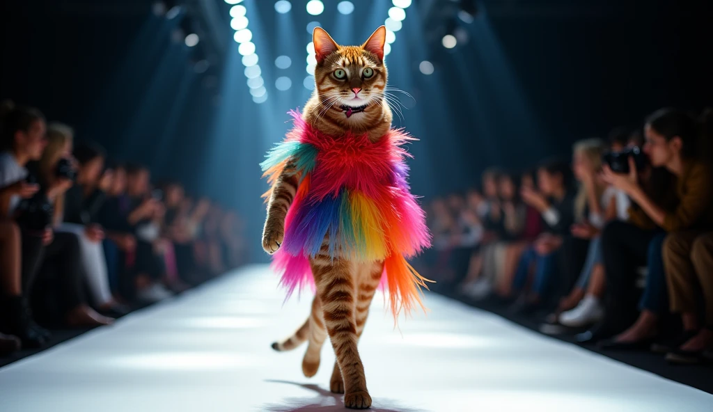 A beautiful cat cloth cutting salting different different rane standup walking down the runaway at a fashion show,  