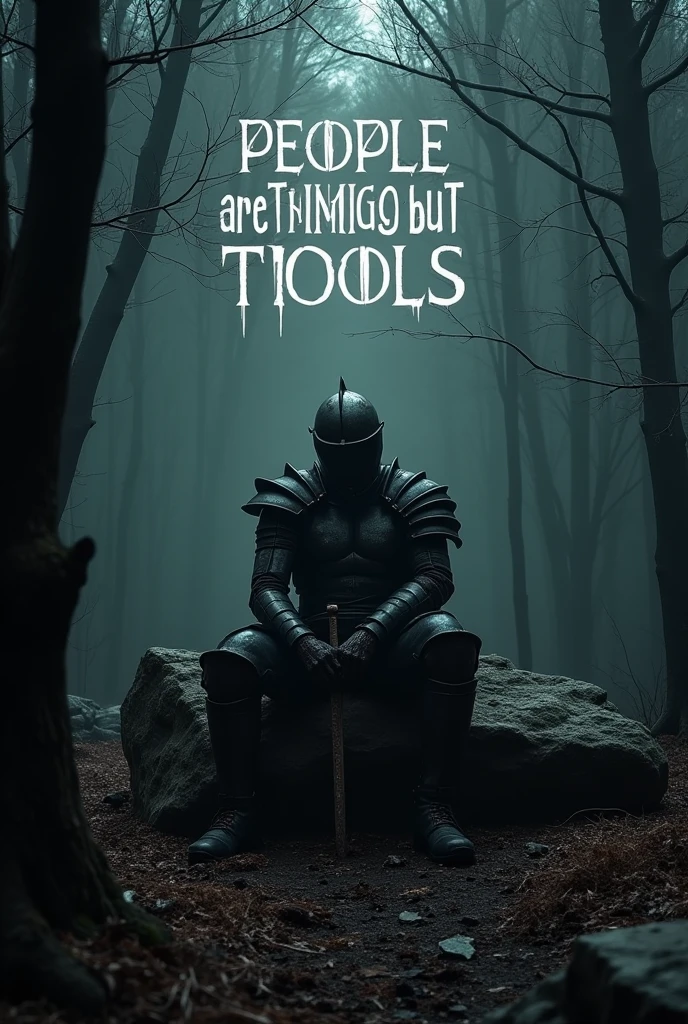 An image written on people are nothing but tool in dark like a broken galdiator sitting on a rock and behind is pitch Black Forest it should be sad and depressing and it is written on top people are nothing but tool write people are nothing but tool on top
